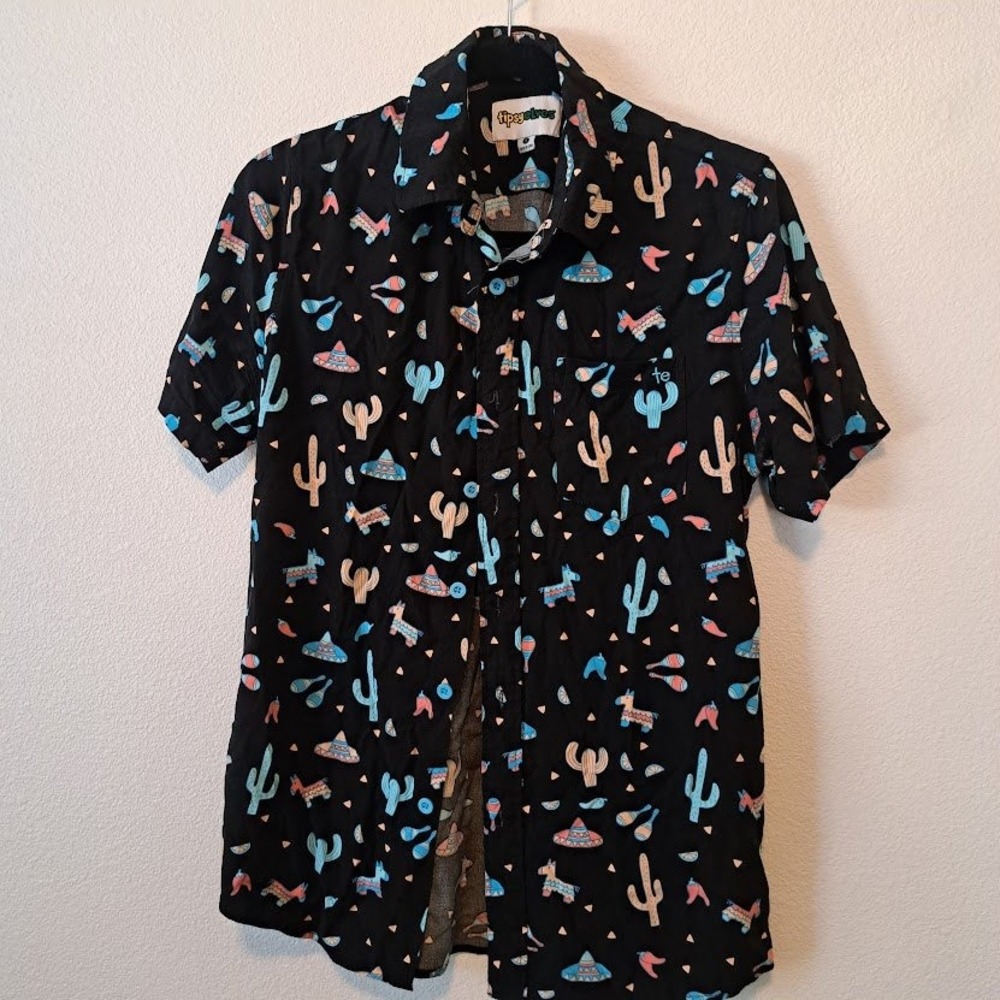 Tipsy Elves Mens Small Black Fiesta Cactus Pinata Sombrero Button Down Shirt